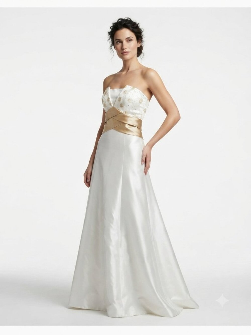 JESSICA MCCLINTOCK FOR GUNNE SAX WHITE GOLD SATIN STRAPLESS BRIDAL PROM DRESS